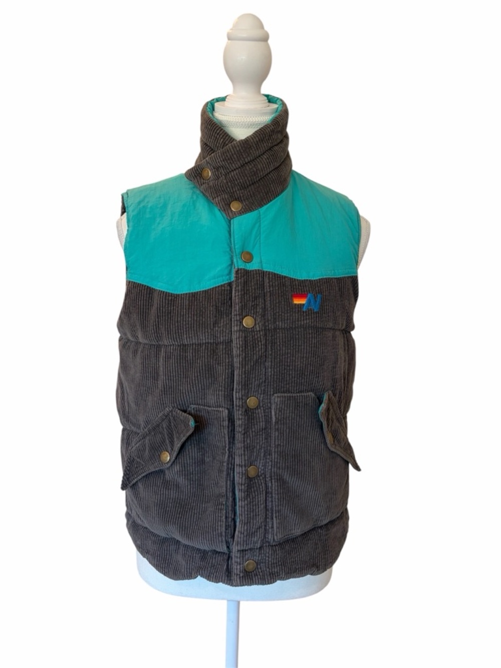 RARE Aviator Nation Vintage Unisex Reversible Corduroy Vest Retro Teal Charcoal